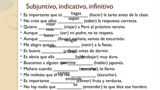  Es importante que tú __________ (hacer) la tarea antes de la clase.
 No creo que ellos __________ (saber) la respuesta correcta.
 Quiero __________ (viajar) a Perú el próximo verano.
 Aunque ________ (ser) mi padre, no te respeto.
 Aunque _______ (llover) mañana, vamos de excursión.
 Me alegra que tú __________ (venir) a la fiesta.
 Es bueno __________ (leer) antes de dormir.
 Es obvio que ella __________ (trabajar) muy duro.
 Buscamos a alguien que __________ (hablar) japonés.
 Mañana cuando __________ (terminar), te llamo.
 Me molesta que él no me __________ (escuchar).
 Es importante __________ (comer) fruta y verduras.
 No hay nadie que __________ (entender) lo que dice ese hombre.
hagas
sepan
viajar
seas
lueva
vengas
leer
trabaja
hable
termine
escuche
comer
entienda
es
Subjuntivo, indicativo, infinitivo
 