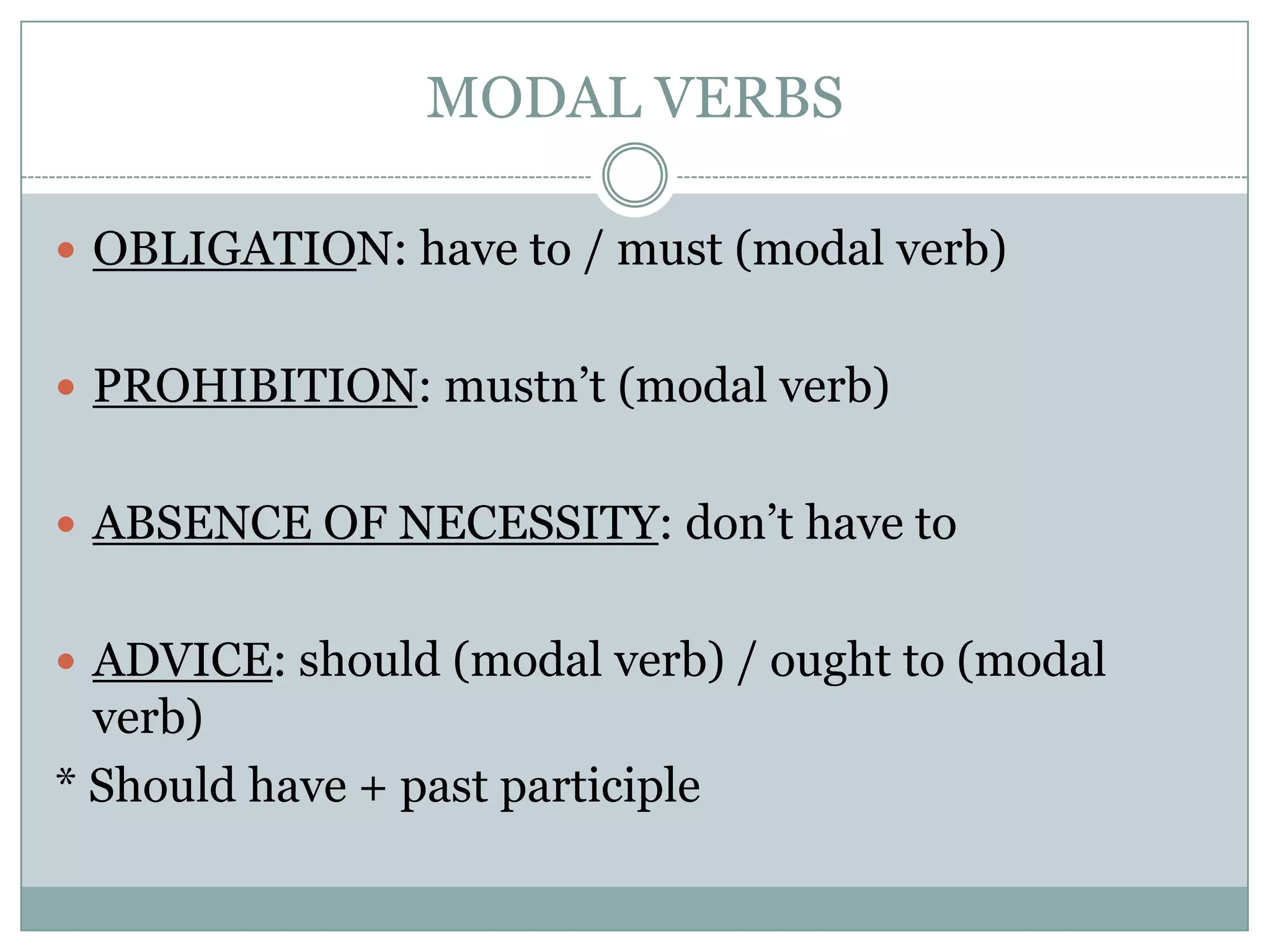 MODAL VERBS
 OBLIGATION: have to / must (modal verb)
 PROHIBITION: mustn’t (modal verb)
 ABSENCE OF NECESSITY: don’t have to
 ADVICE: should (modal verb) / ought to (modal
verb)
* Should have + past participle
 