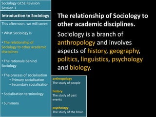 Sociology GCSE Revision
Session 1

Introduction to Sociology
This afternoon, we will cover:
• What Sociology is
• The relationship of
Sociology to other academic
disciplines
• The rationale behind
Sociology
• The process of socialisation
• Primary socialisation
• Secondary socialisation
• Socialisation terminology
• Summary

The relationship of Sociology to
other academic disciplines.
Sociology is a branch of
anthropology and involves
aspects of history, geography,
politics, linguistics, psychology
and biology.
anthropology
The study of people
history
The study of past
events

psychology
The study of the brain

 