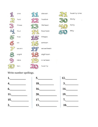 Write number spellings.
1.___________ 5.__________ 12.________
4.___________ 18.__________ 3._________
6.___________ 16.___________ 14.________
11.___________ 20.____________ 19.________
15.____________ 17._____________ 7._________
2._____________ 13.____________ 10.________
 
