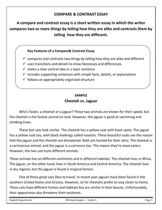 English Department Writing Samples - Grade 4 Page 3
COMPARE & CONTRAST ESSAY
A compare and contrast essay is a short written essay in which the writer
compares two or more things by telling how they are alike and contrasts them by
telling how they are different.
Key Features of a Compare& Contrast Essay
 compares and contrasts two things by telling how they are alike and different
 uses transitions and details to show likenesses and differences.
 states a clear central idea in a topic sentence
 includes supporting sentences with simple facts, details, or explanations
 follows an appropriately organized structure
SAMPLE
Cheetah vs. Jaguar
Who’s faster, a cheetah or a jaguar? These two animals are known for their speed. but
the cheetah is the fastest animal on land. However, the jaguar is good at swimming and
climbing trees.
These fast cats look similar. The cheetah has a yellow coat with black spots. The jaguar
has a yellow coat too, with black markings called rosettes. These beautiful coats are the reason
that the jaguar and the cheetah are threatened. Both are hunted for their skins. The cheetah is
a carnivorous animal, and the jaguar is a carnivore too. This means they’re meat eaters.
However, the two cats hunt different animals.
These animals live on different continents and in different habitats. The cheetah lives in Africa.
The jaguar, on the other hand, lives in South America and Central America. The cheetah lives
in dry regions, but the jaguar is found in tropical forests.
One of these great cats likes to travel. In recent year jaguars have been found in the
southern United States and Arizona. However, so far cheetahs prefer to stay closer to home.
These cats have different homes and habitats but are similar in their beauty. Unfortunately,
their appearance also threatens their existence.
 