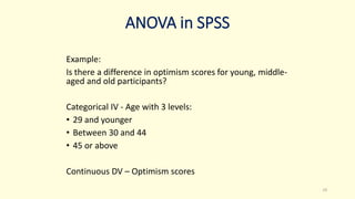 ANOVA in SPSS
Example:
Is there a difference in optimism scores for young, middle-
aged and old participants?
Categorical IV - Age with 3 levels:
• 29 and younger
• Between 30 and 44
• 45 or above
Continuous DV – Optimism scores
19
 