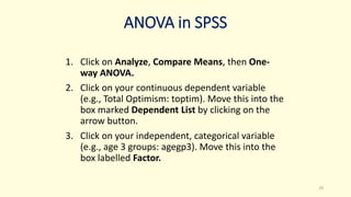 ANOVA in SPSS
1. Click on Analyze, Compare Means, then One-
way ANOVA.
2. Click on your continuous dependent variable
(e.g., Total Optimism: toptim). Move this into the
box marked Dependent List by clicking on the
arrow button.
3. Click on your independent, categorical variable
(e.g., age 3 groups: agegp3). Move this into the
box labelled Factor.
20
 