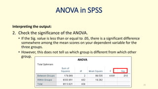 ANOVA in SPSS
Interpreting the output:
2. Check the significance of the ANOVA.
• If the Sig. value is less than or equal to .05, there is a significant difference
somewhere among the mean scores on your dependent variable for the
three groups.
• However, this does not tell us which group is different from which other
group.
23
 