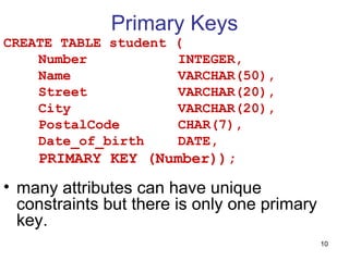 Primary Keys
CREATE TABLE student   (
    Number             INTEGER,
    Name               VARCHAR(50),
    Street             VARCHAR(20),
    City               VARCHAR(20),
    PostalCode         CHAR(7),
    Date_of_birth      DATE,
    PRIMARY KEY (Number));
• many attributes can have unique
  constraints but there is only one primary
  key.
                                              10
 