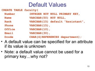 Default Values
CREATE TABLE faculty(
  Number        INTEGER NOT NULL PRIMARY KEY,
  Name          VARCHAR(50) NOT NULL,
  Rank          VARCHAR(15) default “Assistant”,
  Phone         VARCHAR(15),
  Office        VARCHAR(10),
  Email         VARCHAR(30),
  Dcode         CHAR(4)REFERENCES department);
• A default value can be specified for an attribute
  if its value is unknown
• Note: a default value cannot be used for a
  primary key…why not?

                                                   13
 