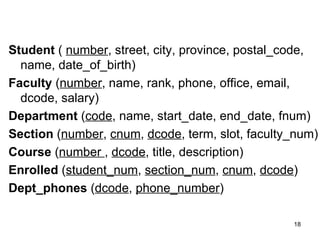 Student ( number, street, city, province, postal_code,
  name, date_of_birth)
Faculty (number, name, rank, phone, office, email,
  dcode, salary)
Department (code, name, start_date, end_date, fnum)
Section (number, cnum, dcode, term, slot, faculty_num)
Course (number , dcode, title, description)
Enrolled (student_num, section_num, cnum, dcode)
Dept_phones (dcode, phone_number)

                                                 18
 