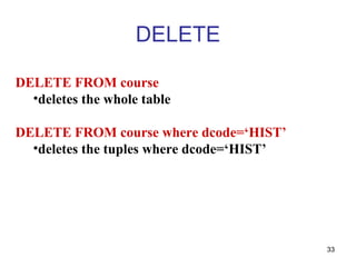 DELETE

DELETE FROM course
  •deletes the whole table

DELETE FROM course where dcode=‘HIST’
  •deletes the tuples where dcode=‘HIST’




                                           33
 