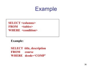 Example

SELECT <columns>
FROM <tables>
WHERE <condition>


 Example:

 SELECT title, description
 FROM   course
 WHERE dcode=‘COMP’

                             36
 