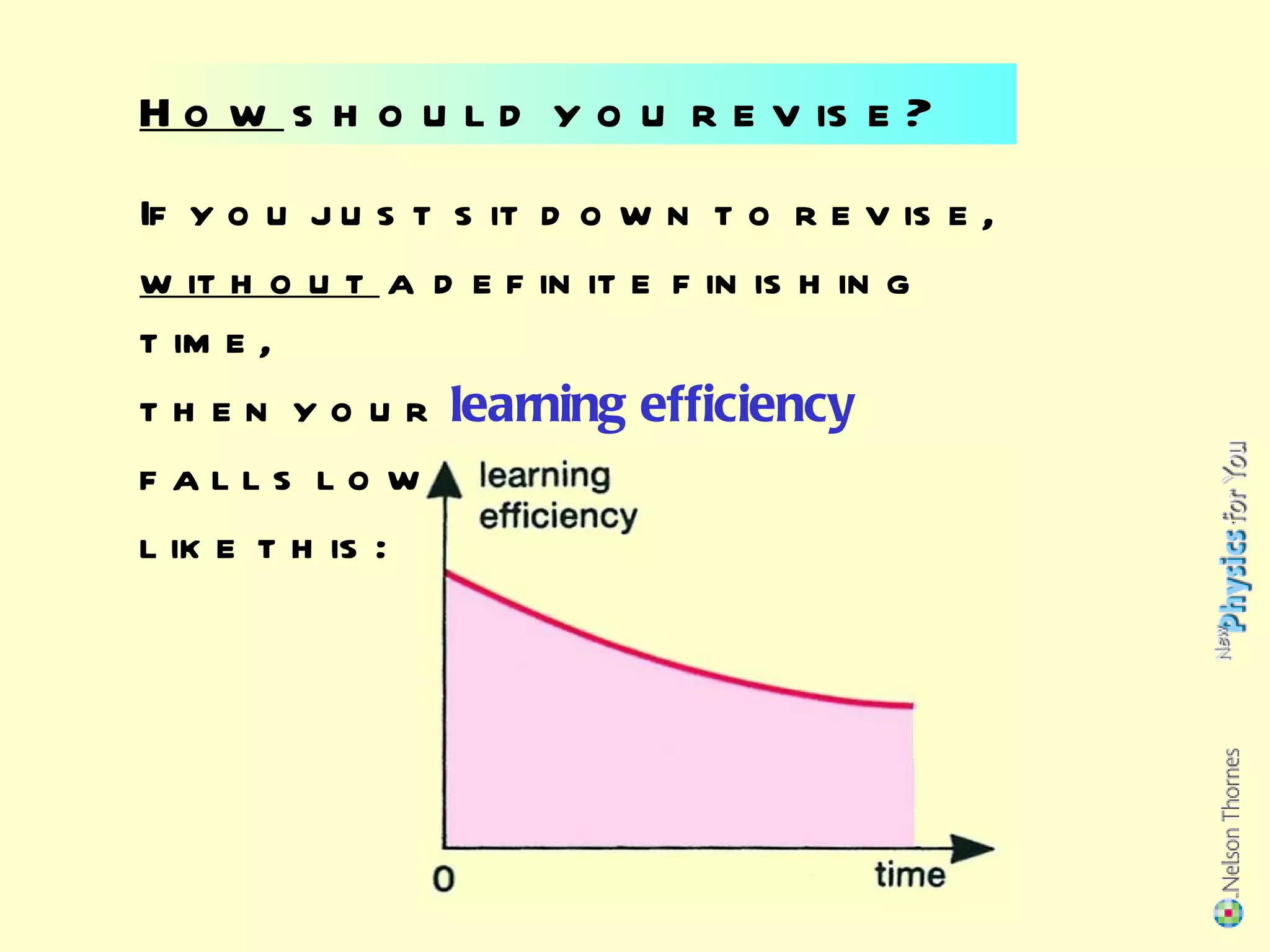 How  should you revise? If you just sit down to revise,  without  a definite finishing time,  then your  learning efficiency   falls lower and lower, like this: 