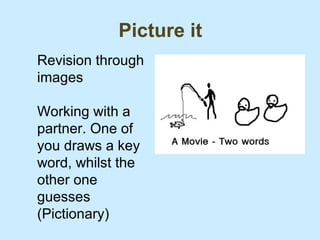 Picture it
Revision through
images

Working with a
partner. One of
you draws a key
word, whilst the
other one
guesses
(Pictionary)
 