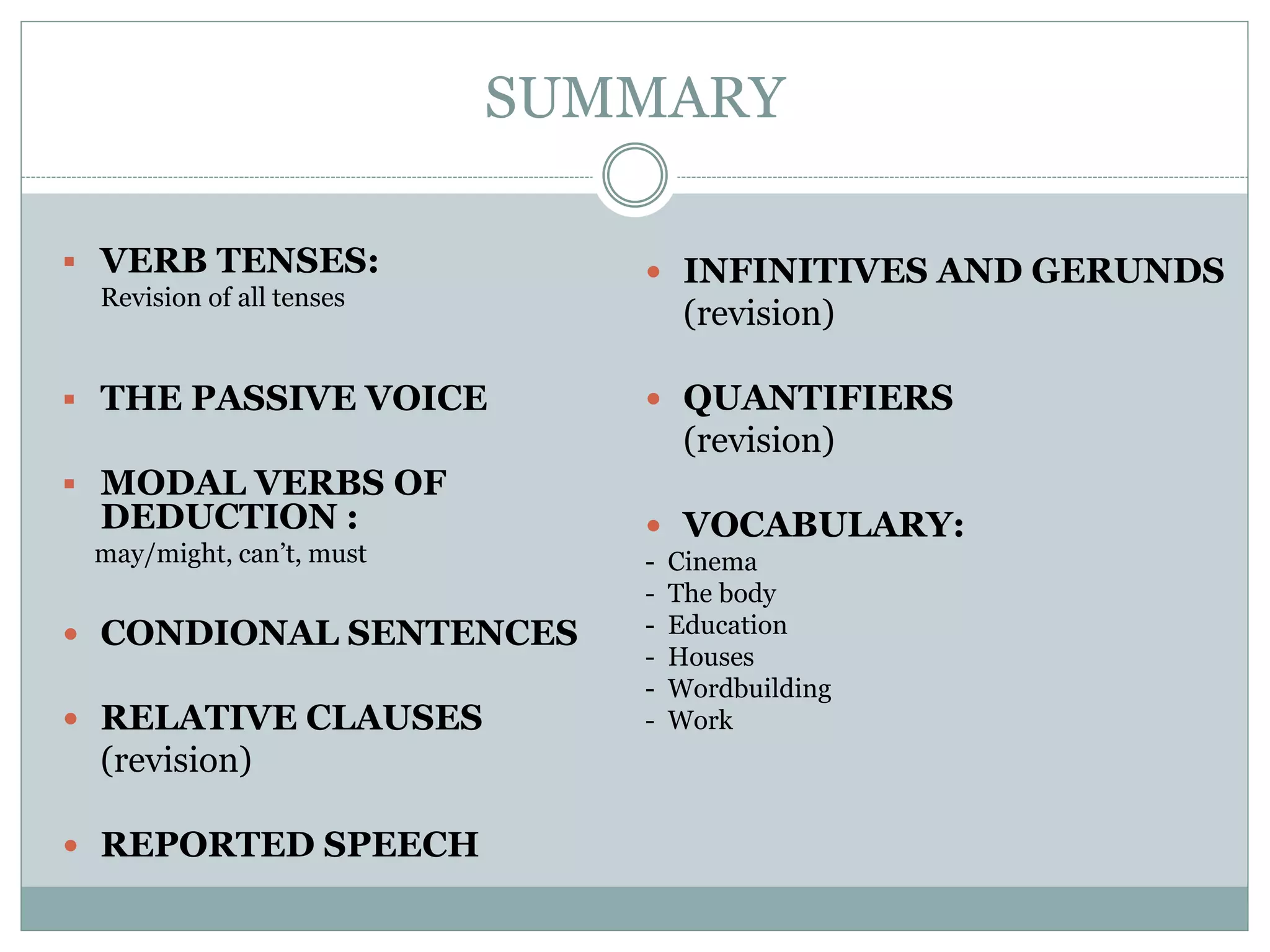 SUMMARY
 VERB TENSES:
Revision of all tenses
 THE PASSIVE VOICE
 MODAL VERBS OF
DEDUCTION :
may/might, can’t, must
 CONDIONAL SENTENCES
 RELATIVE CLAUSES
(revision)
 REPORTED SPEECH
 INFINITIVES AND GERUNDS
(revision)
 QUANTIFIERS
(revision)
 VOCABULARY:
- Cinema
- The body
- Education
- Houses
- Wordbuilding
- Work
 