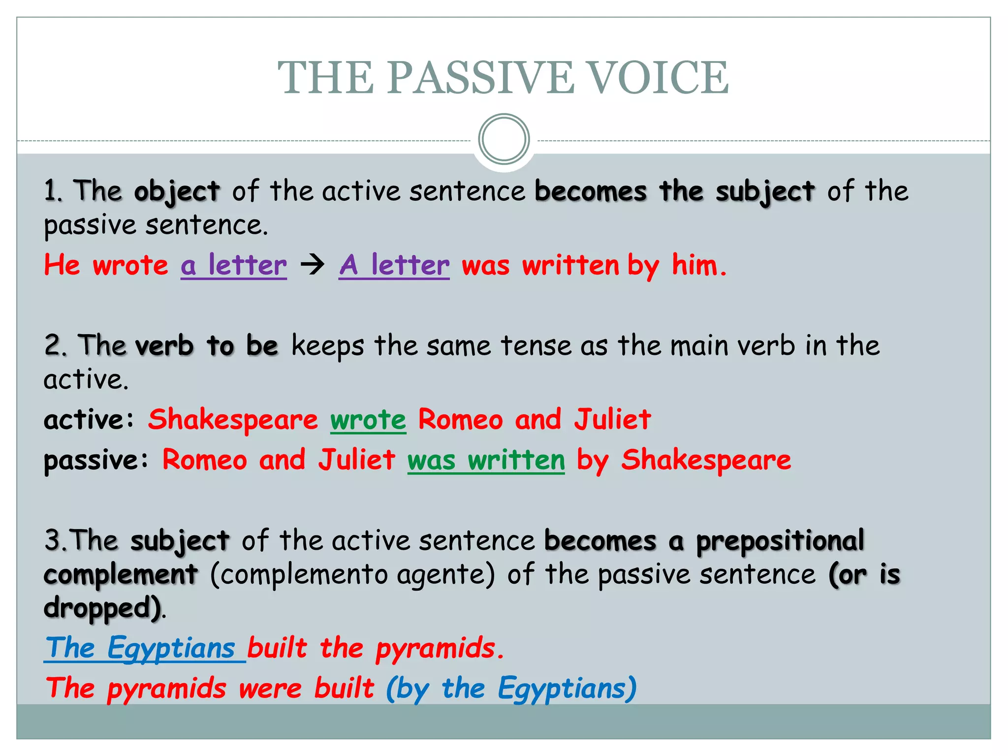 THE PASSIVE VOICE
1. The object of the active sentence becomes the subject of the
passive sentence.
He wrote a letter  A letter was written by him.
2. The verb to be keeps the same tense as the main verb in the
active.
active: Shakespeare wrote Romeo and Juliet
passive: Romeo and Juliet was written by Shakespeare
3.The subject of the active sentence becomes a prepositional
complement (complemento agente) of the passive sentence (or is
dropped).
The Egyptians built the pyramids.
The pyramids were built (by the Egyptians)
 