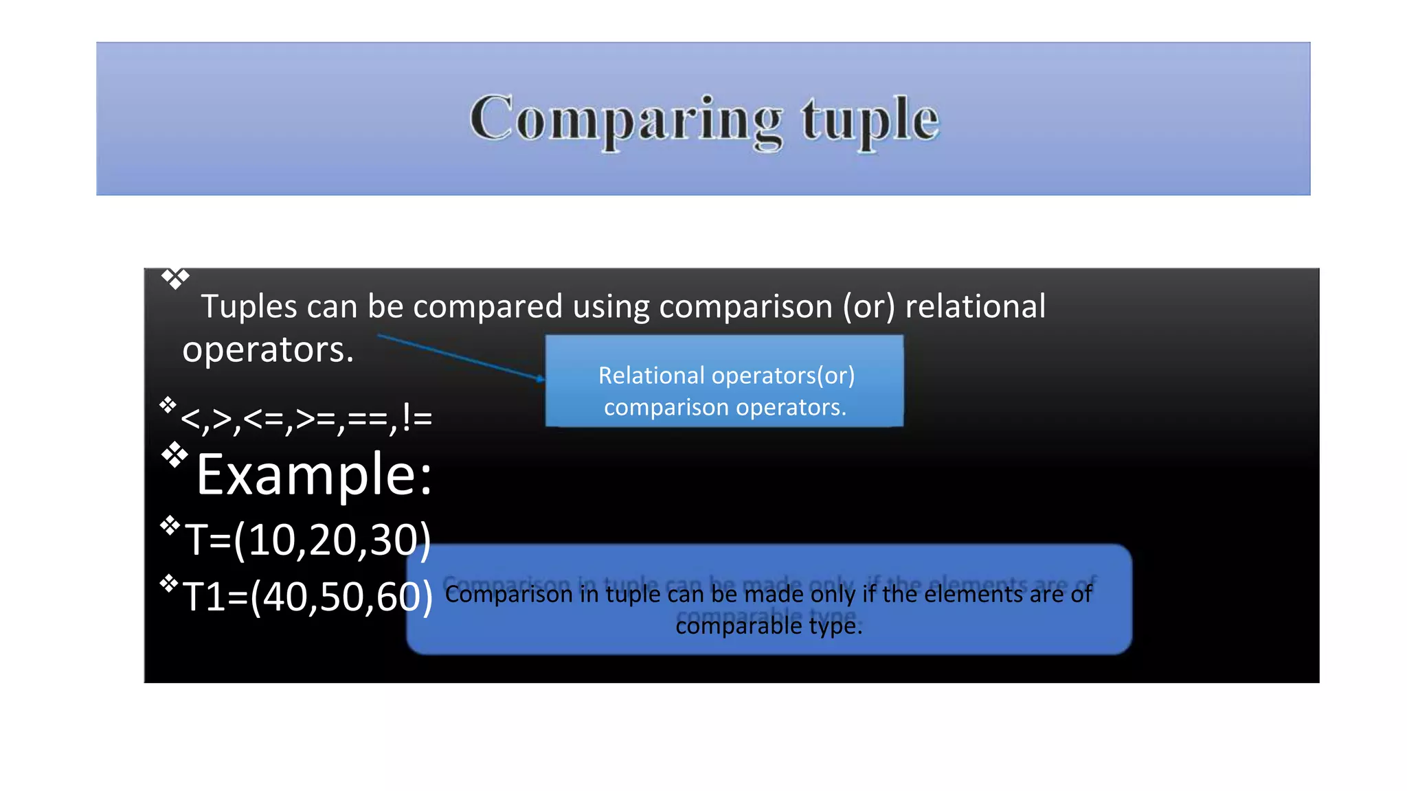 ❖
Tuples can be compared using comparison (or) relational
operators.
❖
<,>,<=,>=,==,!=
❖
Example:
❖
T=(10,20,30)
❖
T1=(40,50,60)
Relational operators(or)
comparison operators.
Comparison in tuple can be made only if the elements are of
comparable type.
 