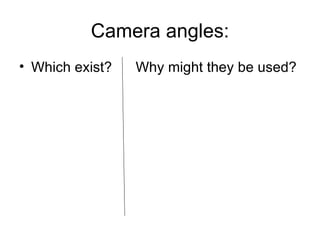 Camera angles: Which exist?  Why might they be used? 