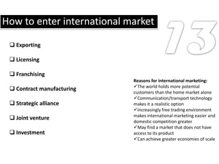 How to enter international market

  Exporting

  Licensing

  Franchising
                            Reasons for international marketing:
                            The world holds more potential
  Contract manufacturing
                            customers than the home market alone
                            Communication/transport technology
  Strategic alliance       makes it a realistic option
                            Increasingly free trading environment
                            makes international marketing easier and
  Joint venture
                            domestic competition greater
                            May find a market that does not have
  Investment               access to its product
                            Can achieve greater economies of scale
 