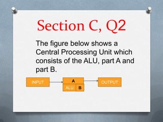 Section C, Q2
 The figure below shows a
 Central Processing Unit which
 consists of the ALU, part A and
 part B.
INPUT       A        OUTPUT
          ALU   B
 