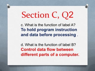Section C, Q2
c. What is the function of label A?
To hold program instruction
and data before processing .

d. What is the function of label B?
Control data flow between
different parts of a computer.
 