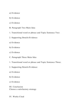 a) Evidence
b) Evidence
c) Evidence
B. Paragraph Two Main Idea
1. Transitional word or phrase and Topic Sentence Two:
2. Supporting Details/Evidence
a) Evidence
b) Evidence
c) Evidence
C. Paragraph Three Main Idea
1. Transitional word or phrase and Topic Sentence Three:
2. Supporting Details/Evidence
a) Evidence
b) Evidence
c) Evidence
III. Conclusion
Choose a satisfactory strategy
IV. Works Cited
 