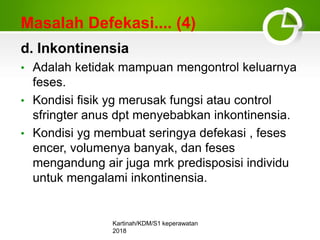 Masalah Defekasi.... (4)
Kartinah/KDM/S1 keperawatan
2018
44
d. Inkontinensia
• Adalah ketidak mampuan mengontrol keluarny...