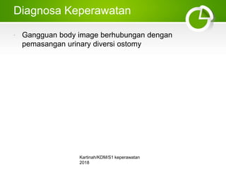 Diagnosa Keperawatan
 Gangguan body image berhubungan dengan
pemasangan urinary diversi ostomy
Kartinah/KDM/S1 keperawata...