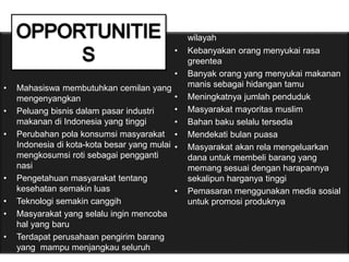 • Mahasiswa membutuhkan cemilan yang
mengenyangkan
• Peluang bisnis dalam pasar industri
makanan di Indonesia yang tinggi
• Perubahan pola konsumsi masyarakat
Indonesia di kota-kota besar yang mulai
mengkosumsi roti sebagai pengganti
nasi
• Pengetahuan masyarakat tentang
kesehatan semakin luas
• Teknologi semakin canggih
• Masyarakat yang selalu ingin mencoba
hal yang baru
• Terdapat perusahaan pengirim barang
yang mampu menjangkau seluruh
wilayah
• Kebanyakan orang menyukai rasa
greentea
• Banyak orang yang menyukai makanan
manis sebagai hidangan tamu
• Meningkatnya jumlah penduduk
• Masyarakat mayoritas muslim
• Bahan baku selalu tersedia
• Mendekati bulan puasa
• Masyarakat akan rela mengeluarkan
dana untuk membeli barang yang
memang sesuai dengan harapannya
sekalipun harganya tinggi
• Pemasaran menggunakan media sosial
untuk promosi produknya
 