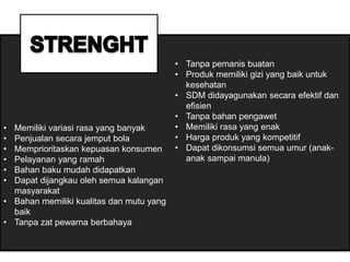 • Memiliki variasi rasa yang banyak
• Penjualan secara jemput bola
• Memprioritaskan kepuasan konsumen
• Pelayanan yang ramah
• Bahan baku mudah didapatkan
• Dapat dijangkau oleh semua kalangan
masyarakat
• Bahan memiliki kualitas dan mutu yang
baik
• Tanpa zat pewarna berbahaya
• Tanpa pemanis buatan
• Produk memiliki gizi yang baik untuk
kesehatan
• SDM didayagunakan secara efektif dan
efisien
• Tanpa bahan pengawet
• Memiliki rasa yang enak
• Harga produk yang kompetitif
• Dapat dikonsumsi semua umur (anak-
anak sampai manula)
 