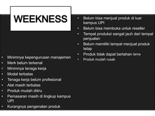 • Minimnya kepengurusan manajemen
• Merk belum terkenal
• Minimnya tenaga kerja
• Modal terbatas
• Tenaga kerja belum profesional
• Alat masih terbatas
• Produk mudah ditiru
• Pemasaran masih di lingkup kampus
UPI
• Kurangnya pengenalan produk
• Belum bisa menjual produk di luar
kampus UPI
• Belum bisa membuka untuk reseller
• Tempat produksi sangat jauh dari tempat
penjualan
• Belum memiliki tempat menjual produk
tetap
• Produk tidak dapat bertahan lama
• Produk mudah rusak
 