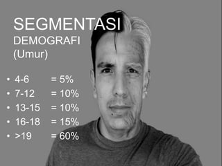 SEGMENTASI
DEMOGRAFI
(Umur)
• 4-6 = 5%
• 7-12 = 10%
• 13-15 = 10%
• 16-18 = 15%
• >19 = 60%
 