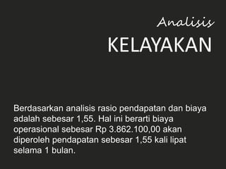 Berdasarkan analisis rasio pendapatan dan biaya
adalah sebesar 1,55. Hal ini berarti biaya
operasional sebesar Rp 3.862.100,00 akan
diperoleh pendapatan sebesar 1,55 kali lipat
selama 1 bulan.
Analisis
KELAYAKAN
 