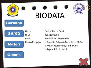 SK/KD
Materi
Games
Beranda
Nama : Fajrina Mutia Putri
NIM : 06121008004
Prodi : Pendidikan Matematika
Dosen Pengajar : 1. Prof. Dr. Zulkardi, M. I. Kom., M. Sc.
2. Meryansumayeka, S.Pd. M. Sc
3. Septy. S, S. Pd, M. Sc
BIODATA
 
