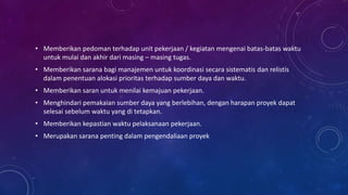 • Memberikan pedoman terhadap unit pekerjaan / kegiatan mengenai batas-batas waktu
untuk mulai dan akhir dari masing – masing tugas.
• Memberikan sarana bagi manajemen untuk koordinasi secara sistematis dan relistis
dalam penentuan alokasi prioritas terhadap sumber daya dan waktu.
• Memberikan saran untuk menilai kemajuan pekerjaan.
• Menghindari pemakaian sumber daya yang berlebihan, dengan harapan proyek dapat
selesai sebelum waktu yang di tetapkan.
• Memberikan kepastian waktu pelaksanaan pekerjaan.
• Merupakan sarana penting dalam pengendaliaan proyek
 