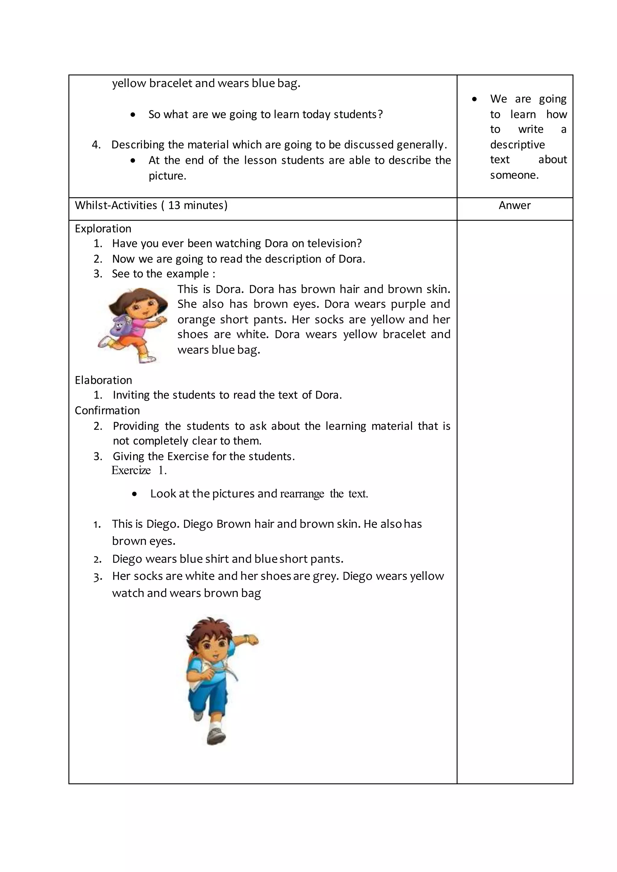 yellow bracelet and wears blue bag.
 So what are we going to learn today students?
4. Describing the material which are going to be discussed generally.
 At the end of the lesson students are able to describe the
picture.
 We are going
to learn how
to write a
descriptive
text about
someone.
Whilst-Activities ( 13 minutes) Anwer
Exploration
1. Have you ever been watching Dora on television?
2. Now we are going to read the description of Dora.
3. See to the example :
This is Dora. Dora has brown hair and brown skin.
She also has brown eyes. Dora wears purple and
orange short pants. Her socks are yellow and her
shoes are white. Dora wears yellow bracelet and
wears blue bag.
Elaboration
1. Inviting the students to read the text of Dora.
Confirmation
2. Providing the students to ask about the learning material that is
not completely clear to them.
3. Giving the Exercise for the students.
Exercize 1.
 Look at the pictures and rearrange the text.
1. This is Diego. Diego Brown hair and brown skin. He alsohas
brown eyes.
2. Diego wears blue shirt and blueshort pants.
3. Her socks are white and her shoesare grey. Diego wears yellow
watch and wears brown bag
 