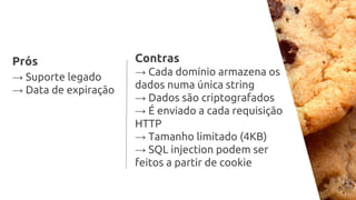 Prós
→ Suporte legado
→ Data de expiração
Contras
→ Cada domínio armazena os
dados numa única string
→ Dados são criptografados
→ É enviado a cada requisição
HTTP
→ Tamanho limitado (4KB)
→ SQL injection podem ser
feitos a partir de cookie
 