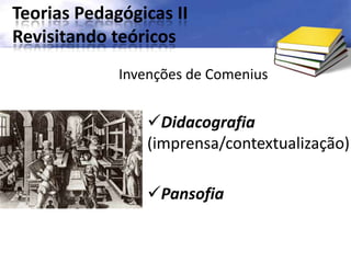 Teorias Pedagógicas II
Revisitando teóricos
Invenções de Comenius
Didacografia
(imprensa/contextualização)
Pansofia
 