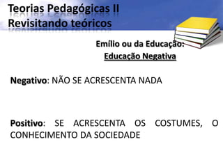 Teorias Pedagógicas II
Revisitando teóricos
Negativo: NÃO SE ACRESCENTA NADA
Positivo: SE ACRESCENTA OS COSTUMES, O
CONHECIMENTO DA SOCIEDADE
Emílio ou da Educação:
Educação Negativa
 