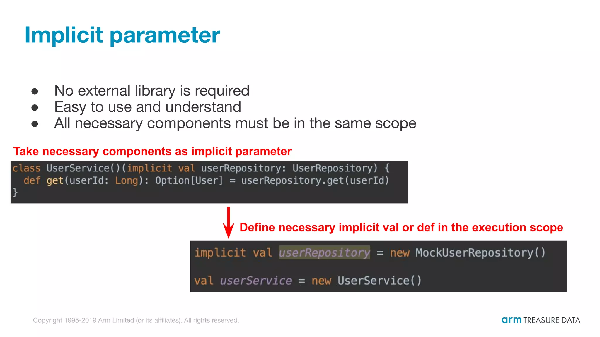 Copyright 1995-2019 Arm Limited (or its aﬃliates). All rights reserved. Implicit parameter ● No external library is required ● Easy to use and understand ● All necessary components must be in the same scope Take necessary components as implicit parameter Define necessary implicit val or def in the execution scope 