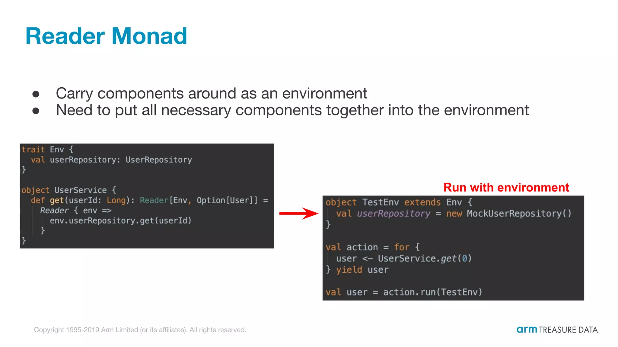 Copyright 1995-2019 Arm Limited (or its aﬃliates). All rights reserved. Reader Monad ● Carry components around as an environment ● Need to put all necessary components together into the environment Run with environment 