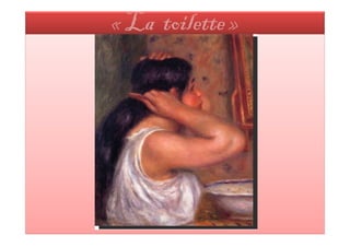 1883-1888 : Période « sèche » ou l’influence de Ingres


 En 1881, Renoir a quarante ans ; il a terminé « le
déjeuner des Canotiers ». Pour la première fois il va
pouvoir voyager. Il ira en Algérie mais sera conquis par
l'Italie, surtout par Venise, qu'il évoquera dans
plusieurs toiles. Il restera marqué par la beauté des
fresques de Raphaël et les huiles d’Ingres. Ces deux
grands peintres vont désormais influer sur la manière
de peindre et de dessiner de Renoir.
 