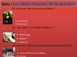 Quizz : Les chefs-d’œuvre de la peinture
•    Q1. Sous quel nom est connu ce tableau ?



     –   A- La Joconde
     –   B- Mona Lisa
     Q2. Qui a peint « La création d’Adam » ?

         -A- Michel-Ange
         -B- Raphaël
         -C- Delacroix
     Q3. Quel est le titre de cette fresque de Léonard de Vinci?

         -A-- Jésus-Christ et ses 12 apôtres
         -B- La cène
 