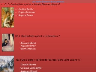Les chefs-d’œuvre de la peinture
• Q10- Quel artiste a peint « Jeunes filles au piano »?
             – -Frédéric Bazille
             – -Eugène Delacroix
             – -Auguste Renoir




             Q11- Quel artiste a peint « Le berceau »?

                 -Edouard Manet
                 -Auguste Renoir
                 -Berthe Morisot



              Q12-Qui a signé « le Pont de l’Europe, Gare Saint-Lazare »?
                  Claude Monet
                 --



                 -Gustave Caillebotte

                 -Auguste Renoir
 