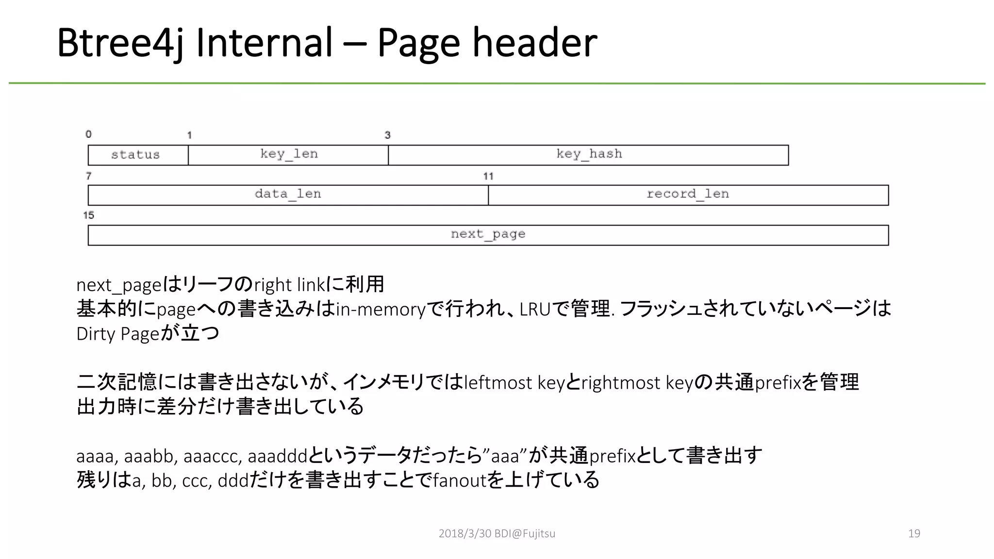2018/3/30 BDI@Fujitsu 19
Btree4j Internal – Page header
next_page right link
page in-memory LRU .
Dirty Page
leftmost key rightmost key prefix
aaaa, aaabb, aaaccc, aaaddd ”aaa” prefix
a, bb, ccc, ddd fanout
 