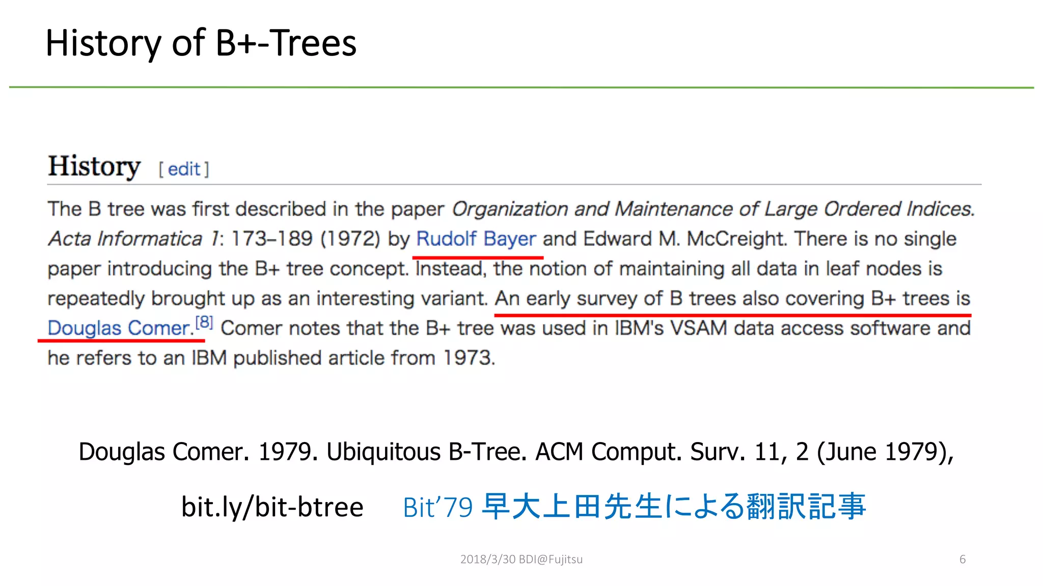 History of B+-Trees
2018/3/30 BDI@Fujitsu 6
Douglas Comer. 1979. Ubiquitous B-Tree. ACM Comput. Surv. 11, 2 (June 1979),
bit.ly/bit-btree Bit’79
 