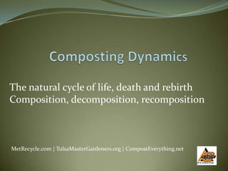 The natural cycle of life, death and rebirth
Composition, decomposition, recomposition



MetRecycle.com | TulsaMasterGardeners.org | CompostEverything.net
 