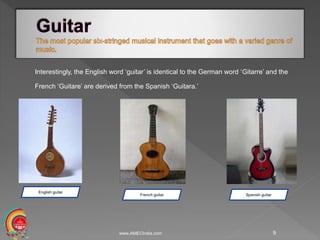 Interestingly, the English word ‘guitar’ is identical to the German word ‘Gitarre’ and the
French ‘Guitare’ are derived from the Spanish ‘Guitara.’
www.AMECIndia.com 9
English guitar
French guitar Spanish guitar
 