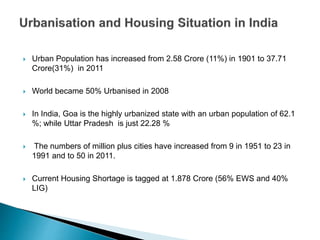  Urban Population has increased from 2.58 Crore (11%) in 1901 to 37.71
Crore(31%) in 2011
 World became 50% Urbanised in 2008
 In India, Goa is the highly urbanized state with an urban population of 62.1
%; while Uttar Pradesh is just 22.28 %
 The numbers of million plus cities have increased from 9 in 1951 to 23 in
1991 and to 50 in 2011.
 Current Housing Shortage is tagged at 1.878 Crore (56% EWS and 40%
LIG)
 