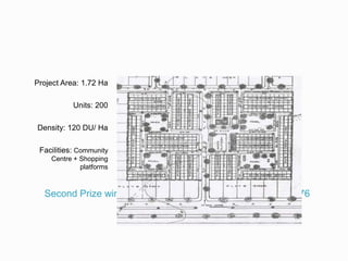Second Prize winning Scheme at RSM Nagar, Lucknow- 1976
Project Area: 1.72 Ha
Units: 200
Density: 120 DU/ Ha
Facilities: Community
Centre + Shopping
platforms
 