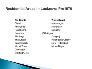 Cis Gomti Trans Gomti
Chowk Mahanagar
Aminabad Nishatganj
Rakabganj Daliganj
Nakkhas Old Aliganj
Aishbagh Daliganj
Thakurganj River Bank Colony
Banarsibagh New Hyderabad
Model Town Nirala Nagar
Charbagh
Motibagh, etc.
 