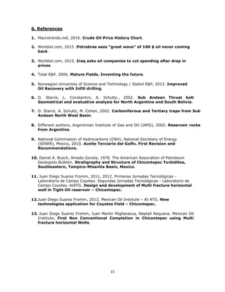15
6. References
1. Macrotrends.net, 2016. Crude Oil Price History Chart.
2. Worldoil.com, 2015 .Petrobras sees “great wave” of 100 $ oil never coming
back.
3. Worldoil.com, 2015. Iraq asks oil companies to cut spending after drop in
prices.
4. Total E&P, 2006. Mature Fields. Inventing the future.
5. Norwegian University of Science and Technology / Statoil E&P, 2012. Improved
Oil Recovery with Infill drilling.
6. D. Starck, L. Constantini, A. Schultz., 2002. Sub Andean Thrust belt
Geometrical and evaluative analysis for North Argentina and South Bolivia.
7. D. Starck, A. Schultz, M. Cohen, 2002. Carboniferous and Tertiary traps from Sub
Andean North West Basin.
8. Different authors, Argentinian Institute of Gas and Oil (IAPG), 2002. Reservoir rocks
from Argentina.
9. National Commission of Hydrocarbons (CNH), National Secretary of Energy
(SENER), Mexico, 2010. Aceite Terciario del Golfo. First Revision and
Recommendations.
10. Daniel A. Busch, Amado Govela, 1978. The American Association of Petroleum
Geologists Bulletin. Stratigraphy and Structure of Chicontepec Turbidites,
Southeastern, Tampico-Misantla Basin, Mexico.
11. Juan Diego Suarez Fromm, 2011, 2012. Primeras Jornadas Tecnológicas -
Laboratorio de Campo Coyotes. Segundas Jornadas Tecnológicas - Laboratorio de
Campo Coyotes. AIATG. Design and development of Multi fracture horizontal
well in Tight Oil reservoir – Chicontepec.
12.Juan Diego Suarez Fromm, 2012. Mexican Oil Institute – AI ATG. New
technologies application for Coyotes Field – Chicontepec.
13. Juan Diego Suarez Fromm, Juan Martin Migliavacca, Neptalí Requena. Mexican Oil
Institute. First Non Conventional Completion in Chicontepec using Multi
fracture horizontal Wells.
 