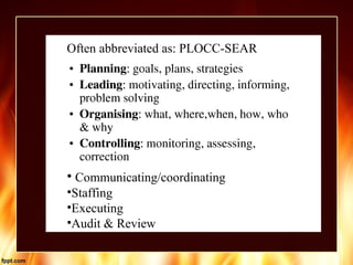 • Communicating/coordinating
•Staffing
•Executing
•Audit & Review
Often abbreviated as: PLOCC-SEAR
 